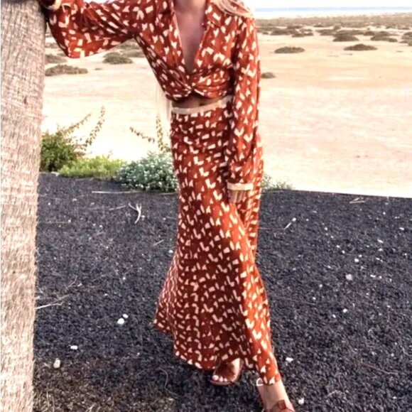NWT Zara Linen Blend Beaded Maxi Skirt and Top Set in Terracotta